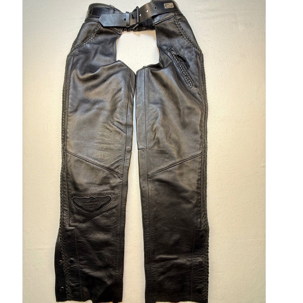 Harley-Davidson Leather Chaps Black Braided Trim Biker Riding Pants USA M